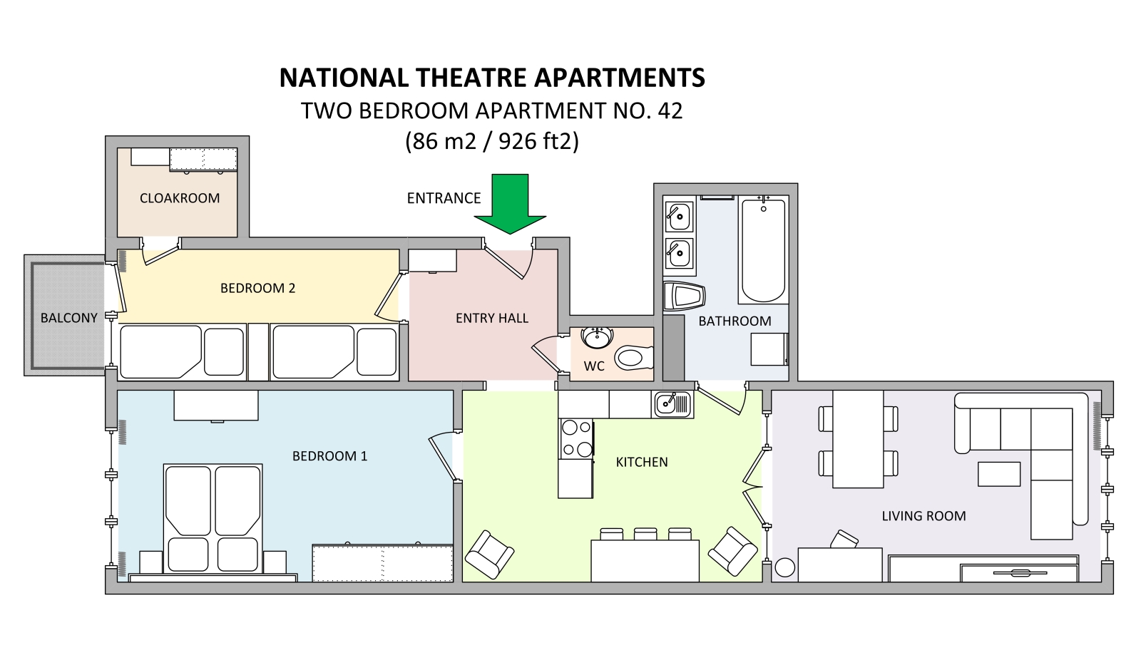 Floorplan of apartment 42 in National Theatre Apartments residence in Prague